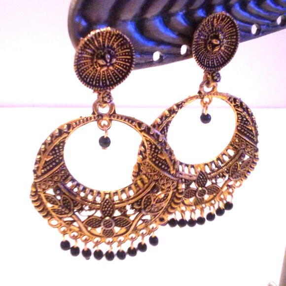 Boho Inspired Gold Tone Black Beaded Drop Hoop Earrings - Picture 1 of 4